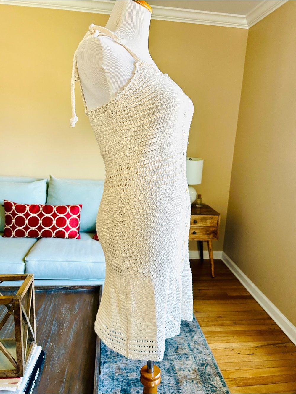Olive + Oak Cream Crochet Button-Front Mini Dress Size Small Tie Straps Summer - Picture 9 of 11